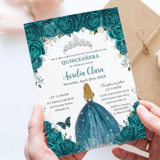 Teal Roses Floral Blonde Princess Quinceanera 16th Kaart