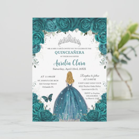 Teal Roses Floral Blonde Princess Quinceanera 16th Kaart (Staand voorkant)