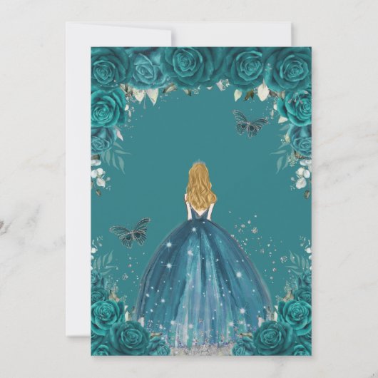 Teal Roses Floral Blonde Princess Quinceanera 16th Kaart (Achterkant)
