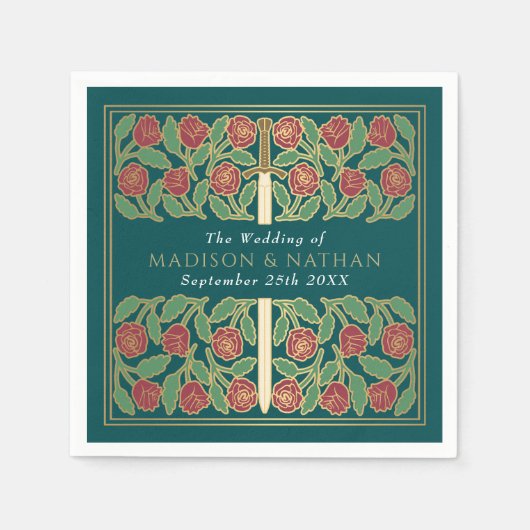 Teal Royal Medieval Gold Floral Sword Wedding Servet (Voorkant)