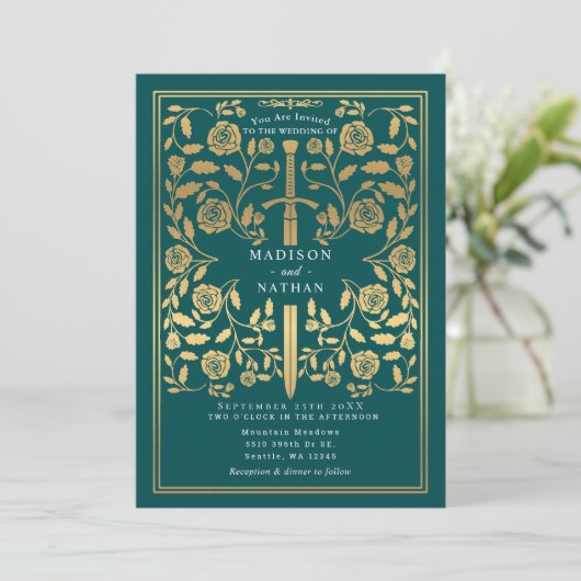 Teal Royal Medieval Gold Sword Wedding QR Code Kaart (Staand voorkant)