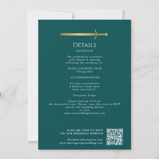 Teal Royal Medieval Gold Sword Wedding QR Code Kaart (Achterkant)
