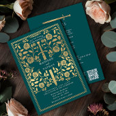 Teal Royal Medieval Gold Sword Wedding QR Code Kaart
