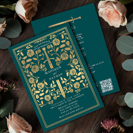 Teal Royal Medieval Gold Sword Wedding QR Code Kaart