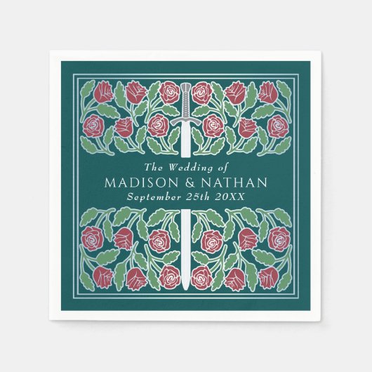 Teal Royal Medieval Silver Floral Sword Wedding Servet (Voorkant)