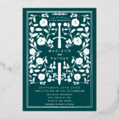 Teal Royal Medieval Silver Sword Wedding Details Folie Uitnodiging (Voorkant)