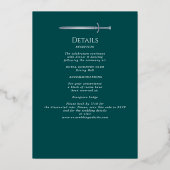 Teal Royal Medieval Silver Sword Wedding Details Folie Uitnodiging (Achterkant)