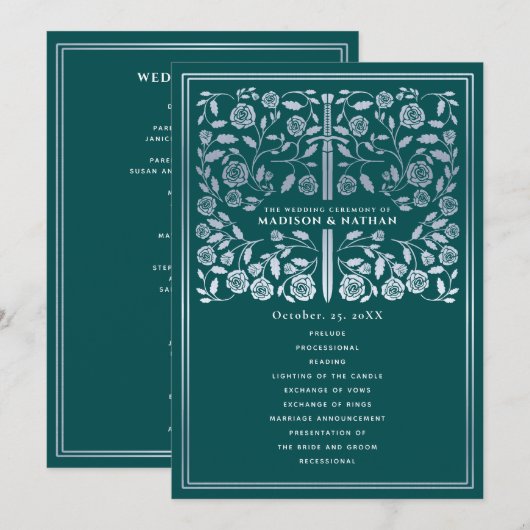 Teal Royal Medieval Silver Sword Wedding Program Programmakaart (Voorkant / Achterkant)