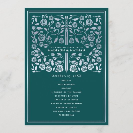 Teal Royal Medieval Silver Sword Wedding Program Programmakaart (Voorkant)