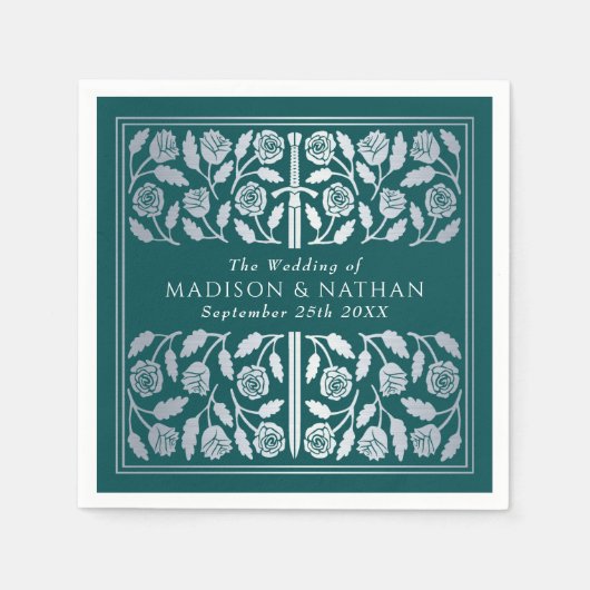 Teal Royal Medieval Silver Sword Wedding Servet (Voorkant)