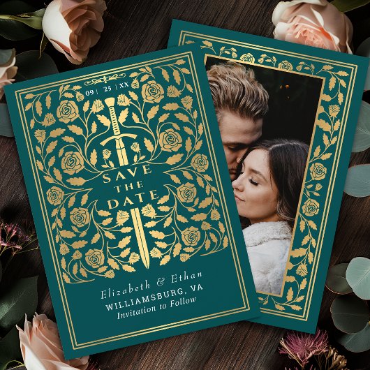 Teal Royal Medieval Sword Wedding Photo Save The Date