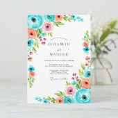 Teal Roze Bloemige Romantische Bruiloft Kaart (Staand voorkant)