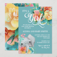 Teal Roze Geel Bloemige Olifant Baby Meisje Shower