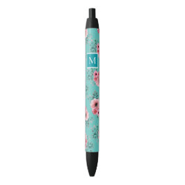Teal | Roze & Groene Bloemige Monogram Zwarte Inkt Pen