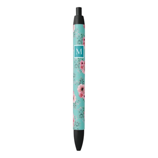 Teal | Roze & Groene Bloemige Monogram Zwarte Inkt Pen (Voorkant Verticaal)