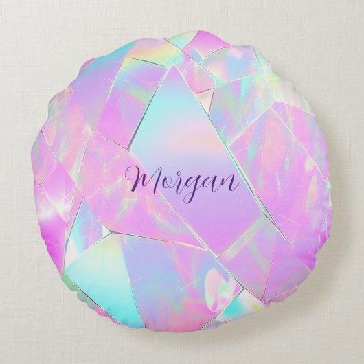 Teal & Roze Iridescent Ontwerp, Script Naam Rond Kussen (Achterkant)