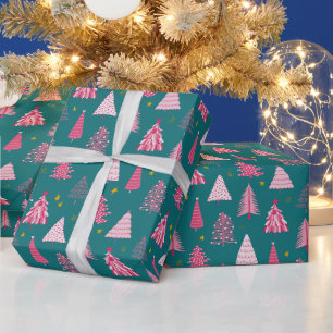 Teal & Roze Kerstboom Patroon Cadeaupapier
