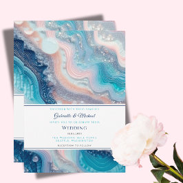 Teal Roze Marmer Agate Zomer Bruiloft Kaart