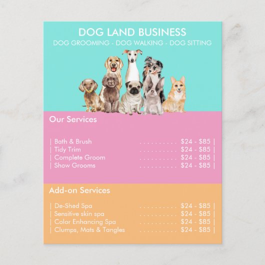 Teal Roze Prijslijst voor Hondenverzorging Flyer (Voorkant)