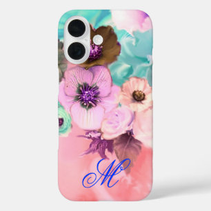TEAL ROZE ROZEN EN ANEMONE BLOEMEN MONOGRAM iPhone 16 HOESJE