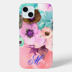 TEAL ROZE ROZEN EN ANEMONE BLOEMEN MONOGRAM iPhone 15 MINI HOESJE