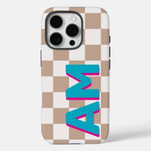 Teal Roze Schaduw Monogram Beige Schachbrett iPhone 16 Pro Hoesje