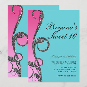 Teal & Roze Zilveren Glitter Wervel Sweet 16 Feest Kaart