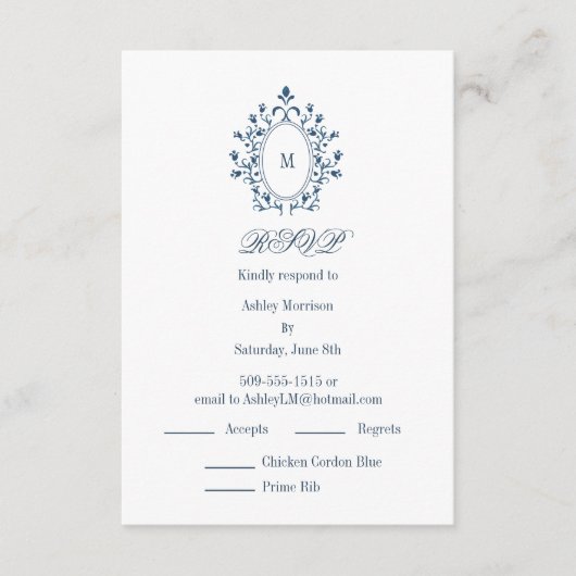 teal RSVP card Monogram With 2 Entree Choice Informatiekaartje (Voorkant)