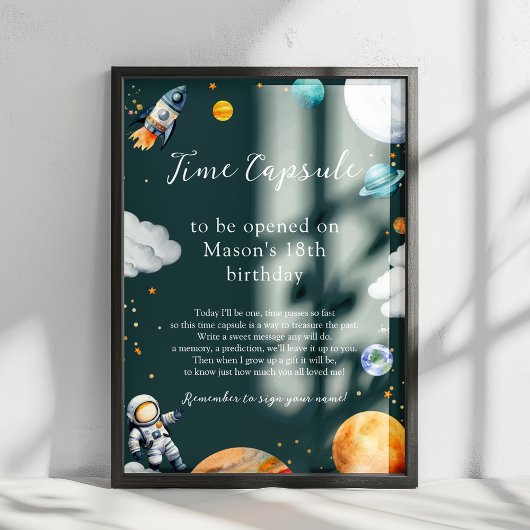 Teal ruimte-tijdcapsule 1e verjaardag poster