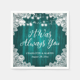 Teal Rustic Wood Floral Lace Wedding Servet