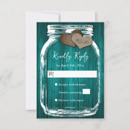 Teal Rustic Wood Mason Jar Fall Wedding RSVP Kaartje