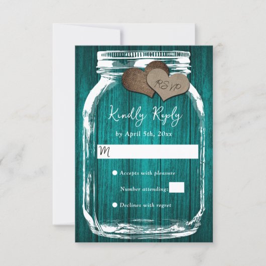 Teal Rustic Wood Mason Jar Fall Wedding RSVP Kaartje (Voorkant)