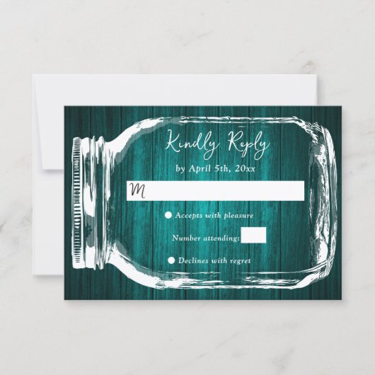 Teal Rustic Wood Mason Jar Rustic Fall Wedding RSVP Kaartje (Voorkant)