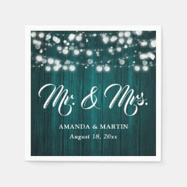 Teal Rustic Wood String Lights Mr and Mrs Wedding Servet
