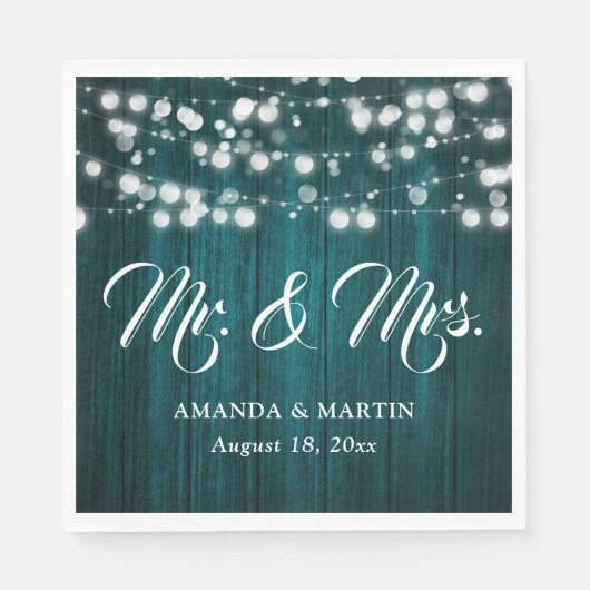Teal Rustic Wood String Lights Mr and Mrs Wedding Servet (Voorkant)