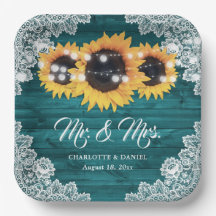 Teal rustieke houten kant zonnebloem bruiloft