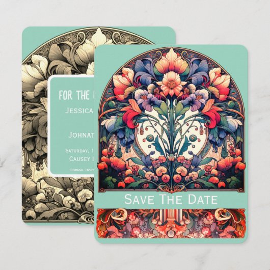 Teal Save The Date Kaart Mucha Stijl (Voorkant / Achterkant)