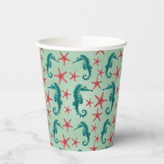 Teal Seahorse Pattern Papieren Bekers (Links)