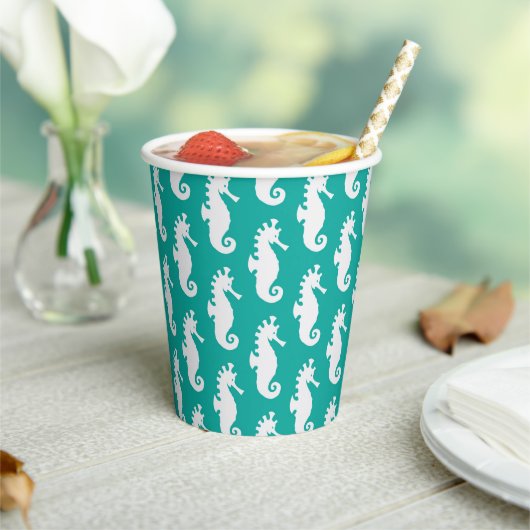 Teal Seahorse Pattern Papieren Bekers (Insitu)