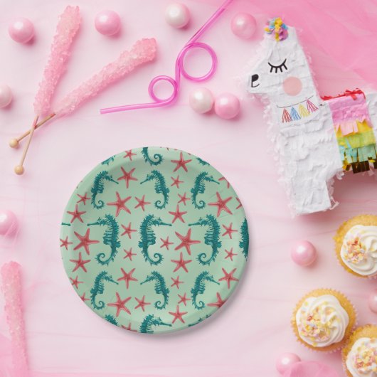 Teal Seahorse Pattern Papieren Bordje (Feest)