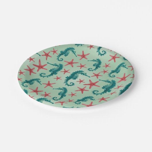 Teal Seahorse Pattern Papieren Bordje (Gekanteld)