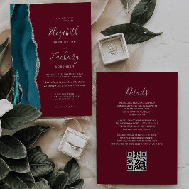 Teal Silver Agate Burgundy QR Code Wedding Kaart