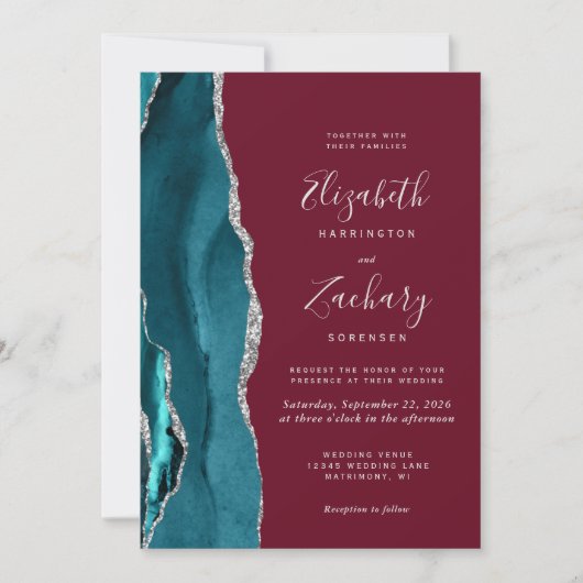 Teal Silver Agate Burgundy QR Code Wedding Kaart (Voorkant)
