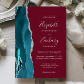 Teal Silver Agate Burgundy Wedding Invitation Kaart
