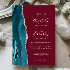 Teal Silver Agate Burgundy Wedding Invitation Kaart