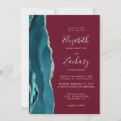 Teal Silver Agate Burgundy Wedding Invitation Kaart (Voorkant)