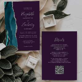 Teal Silver Agate Purple QR Code Wedding Kaart
