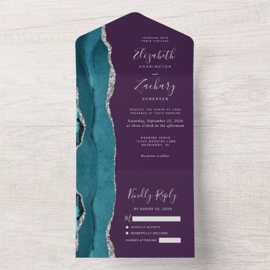 Teal Silver Agate Purple Wedding All In One Uitnodiging (Binnen)