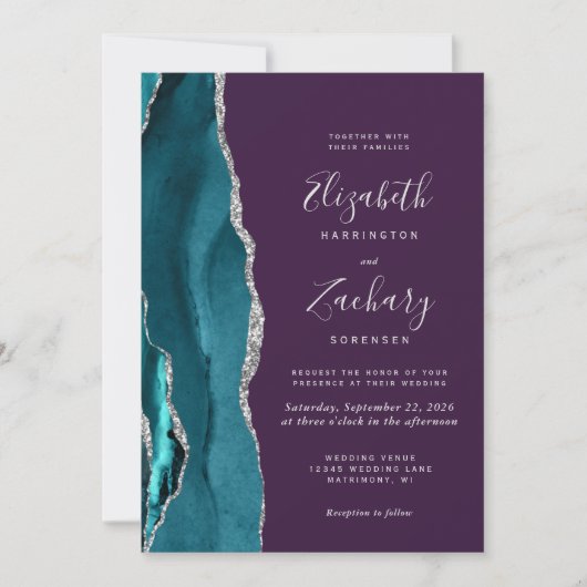 Teal Silver Agate Purple Wedding Invitation Kaart (Voorkant)