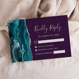 Teal Silver Agate Purple Wedding RSVP Kaartje